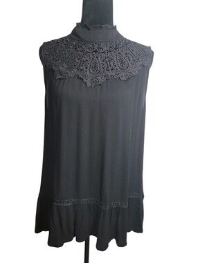 And The Way black lace mock ruffle neck sleeveless top women's size small
